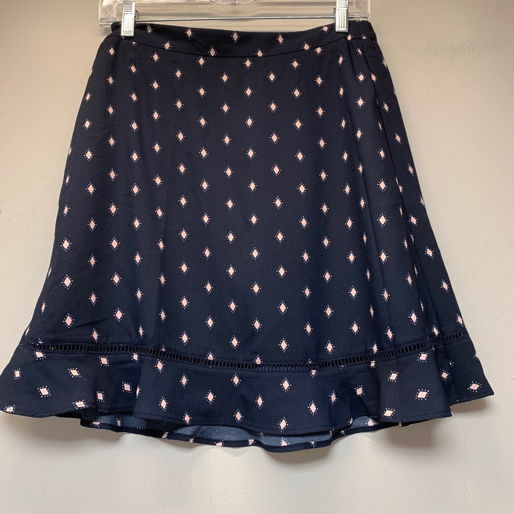 LOFT Outlet Skirt Womens XS Navy Blue NWT Diamond Print Ruffle Hem 28959687